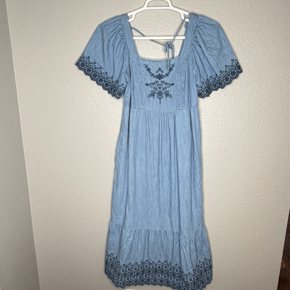 Denim Embroidered Tie‎ Back Midi Maxi Dress Boho Prairie Cottagecore Western S